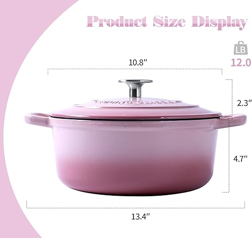 Miniatura 3 de Horno holandés cubierto de hierro fundido esmaltado de 5.5 cuartos de galón con doble asa, hornos holandeses con tapa para hornear pan, rosa