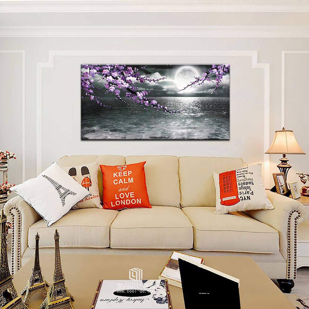 Large Purple Wall Art Decor for Living Room Bedroom Framed Black and White Seascape Full Moon Purple Flower Painting Canvas Picture Modern Hand-Painted Plum Blossom Artwork for Home Office 24x48