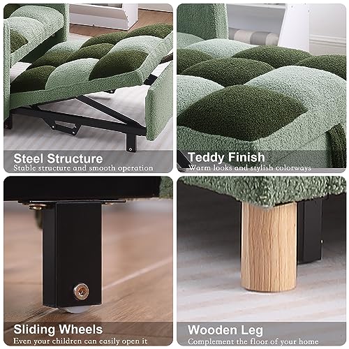 Keainvren Sleeper Chair Bed Multi-Functional Convertible Chair Sleeper Teddy Fabric Adjustable Single Pull Out Sofa Bed with Lumbar for Studio,Apartment, Bedroom,Living Room (Green) - Thumbnail 4