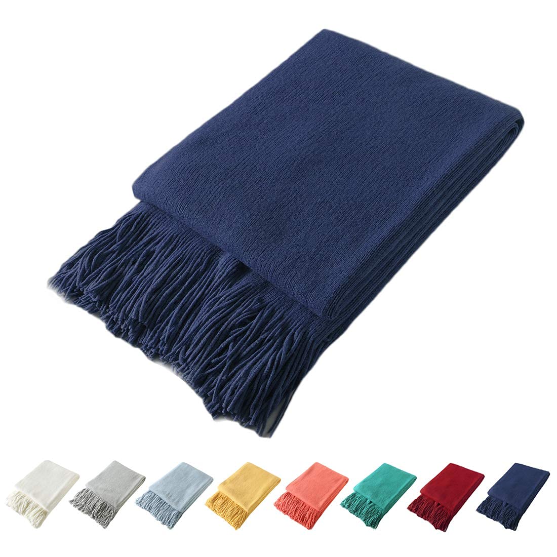 Homiest Decorative Knitted Throw Blanket with Fringe, Lightweight Blanket Acrylic Knit Blanket, Soft & Cozy Tassel Blanket for Couch Sofa Bed (Navy Blue, 60 x 80 Inch)