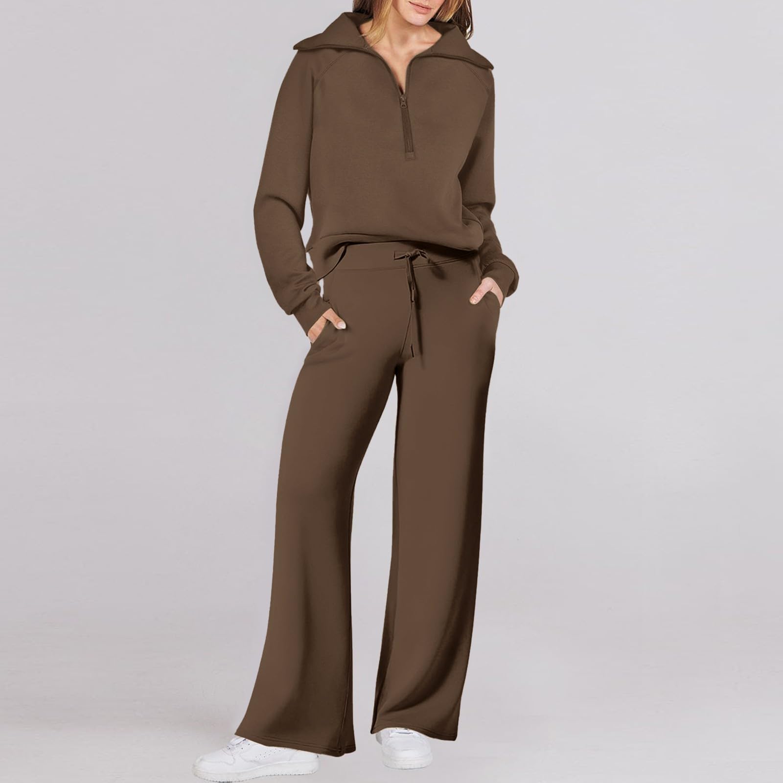 Tuta Donna Sportiva Invernale Felpa con 1/2 Zip Senza Cappuccio e Pantaloni Tuta Gamba Larga Set Due Pezzi Completo Palestra Tinta Unita Sportivo Completi Eleganti Comodo Ufficio Casual e Quotidiana