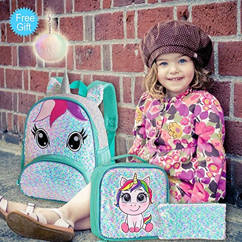 3Pcs Toddler Backpack For Girls, 12" Unicorn Sequin Preschool Bookbag And Lunch Box- Green #TOP5