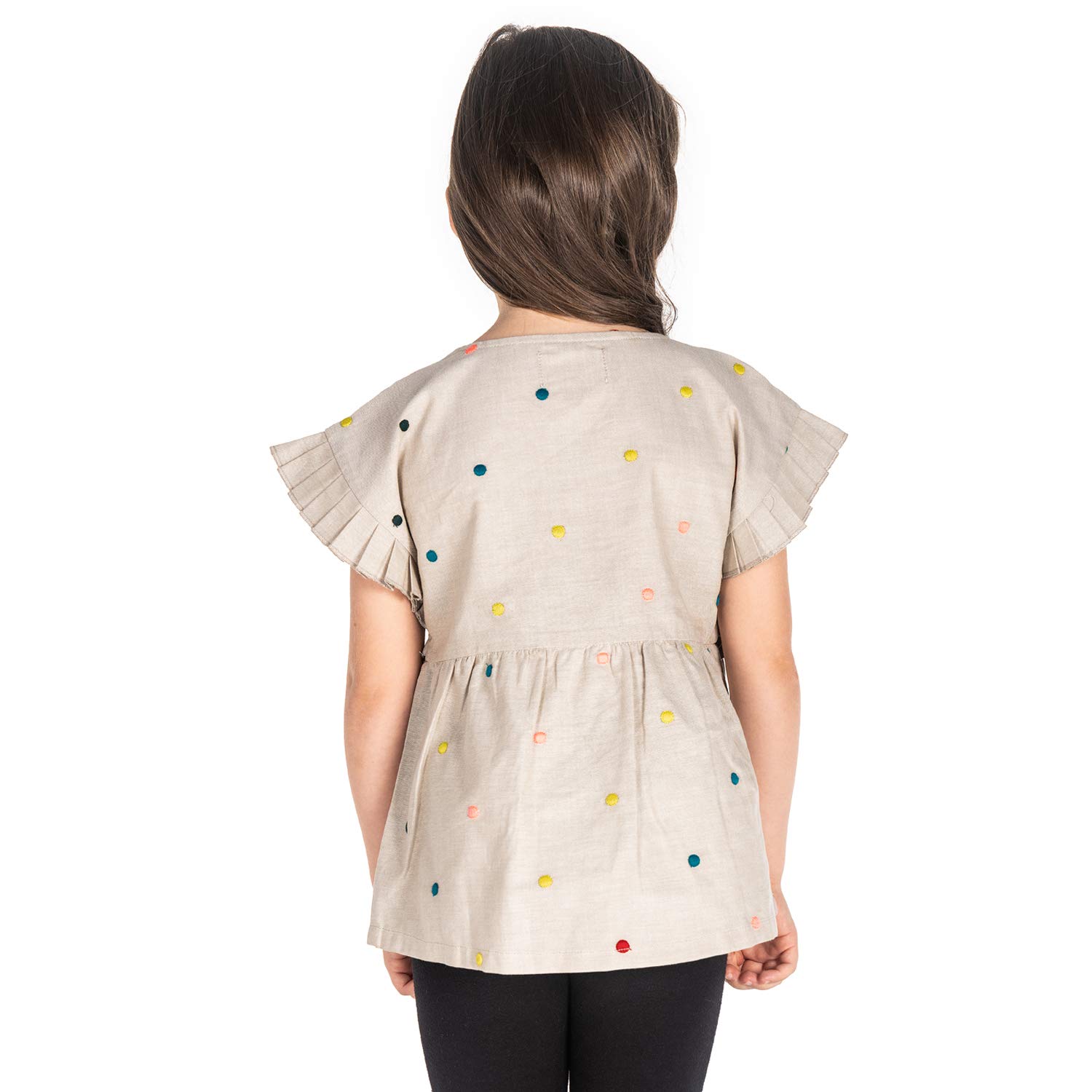 Cherry Crumble Beige Embroidery & Printed 100% Cotton Half Sleeves Round Neck Casual Wear Regular Fit Embroidered Summer Top for Girls