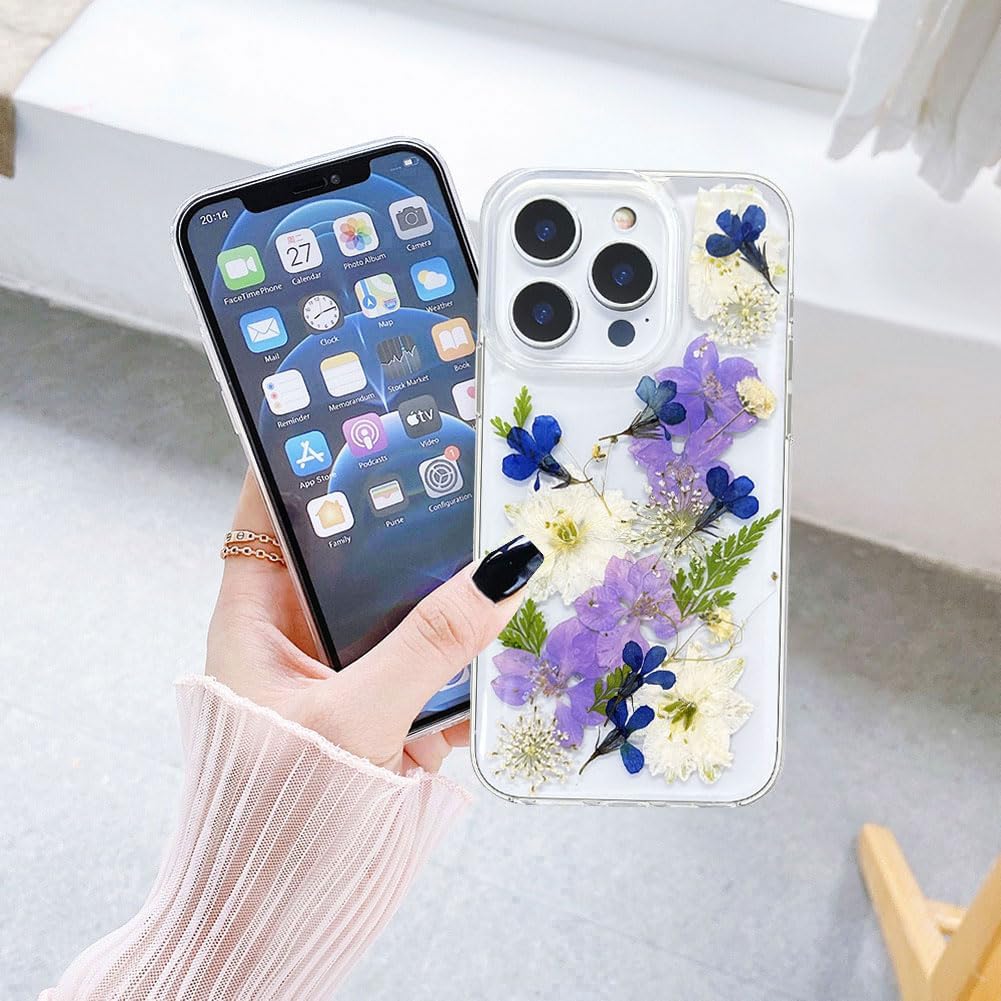 Abbery for iPhone 15 Pro Max Case Clear with Purple Blue White Pressed Flower Design Cute Silicone TPU Real Dried Floral Aesthetic Protective Shockproo Women Girl's Phone Cover(Navy Flower) - Image 3