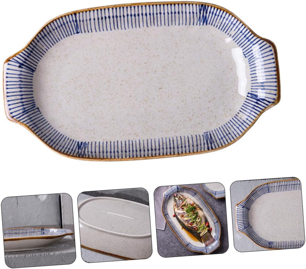 1Pc High Temperature Ceramic Grilled Fish Tray Serving Plate for Kitchen Cooking Oven Safe Dishwasher Microwave Compatible Slip Design for Safe Handling
