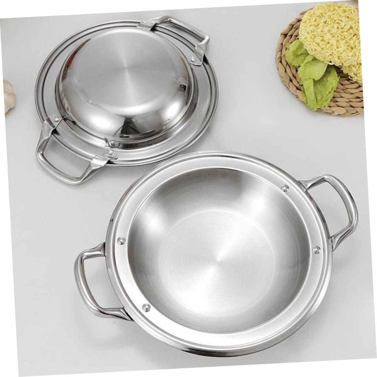 Multi-function Paella Pan Stainless Steel Silver Xmas Shallow Pot