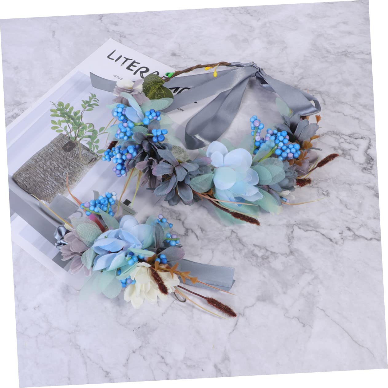 Housoutil 6 Piezas Aro Para El Pelo Con Muñequera Leis Diadema De Flores Espejos De Mano Con Mango Guirnalda De Boda De Las Mujeres Diadema De Boda Muñeca Floral Anillo De Pelo Pulsera Playa