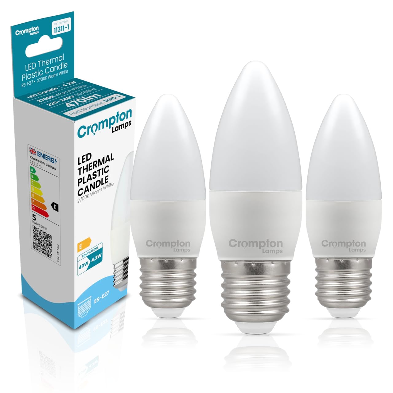 Crompton Lamps Candle LED E27 Bulb | 4.2W = 40W Equivalent | Warm White 2700K | Energy Efficient | Edison Screw Lightbulb | Long Life 25,000-Hrs | Bulbs for Lamps | 3-Pack
