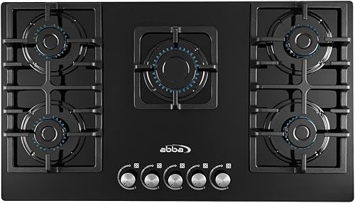 ABBA - Placa de cocina de gas de 36 pulgadas con 5 quemadores sellados, superficie de vidrio templado con quemadores SABAF, estufa de gas natural