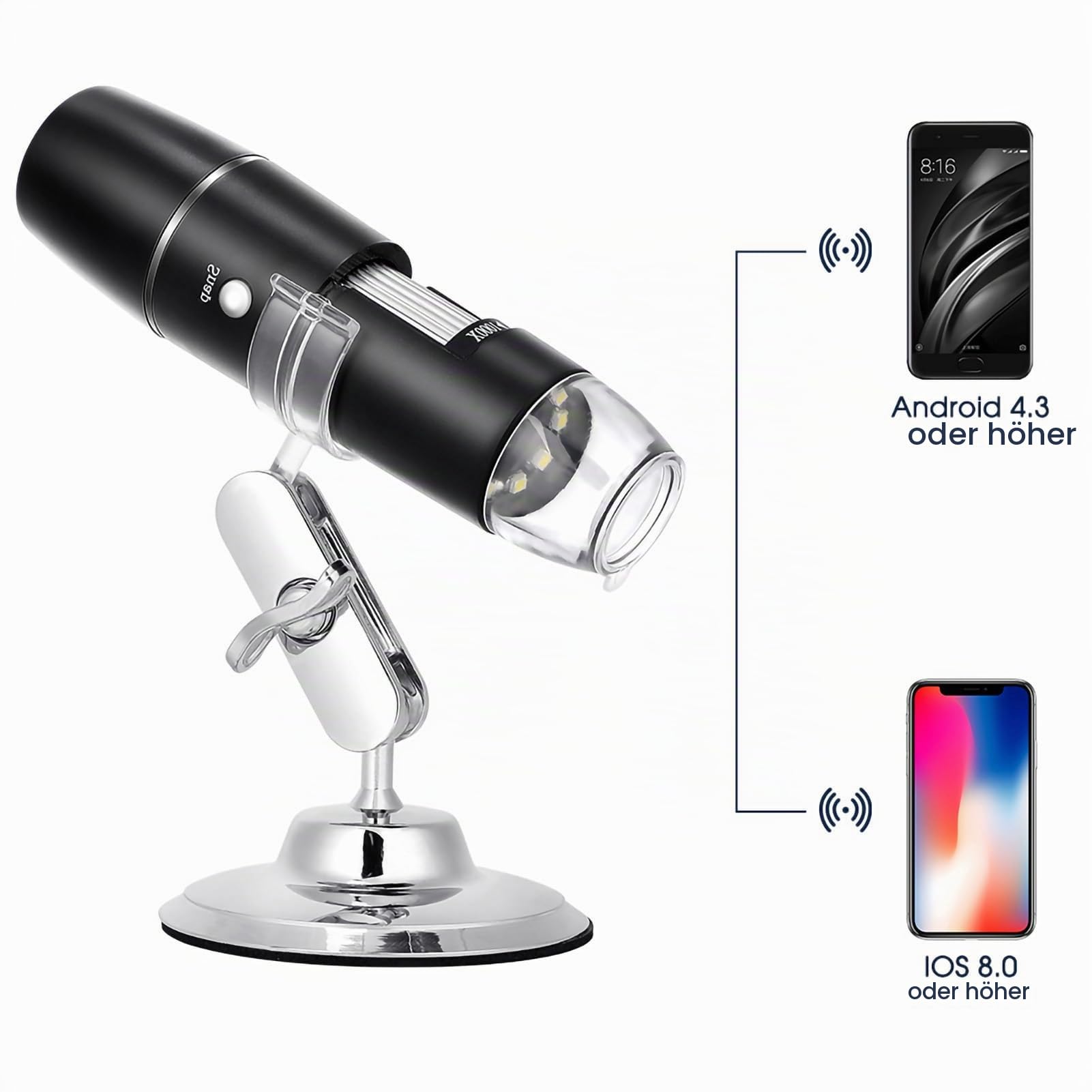 WiFi USB Digitales Mikroskop 50X-1000X Vergrößerung, Tragbares Mikroskop mit Foto- und Videofunktion, Kabellose HD Endoskop Kamera 8 LEDs, mit Metallständer