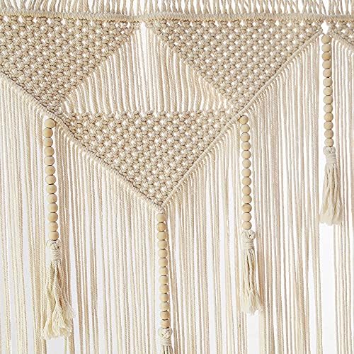 Argument Macrame Wall Hanging Boho Woven Tapestry, Beige White Tassel Decor Curtain for Home Backdrop (Wood Stick Not Included)