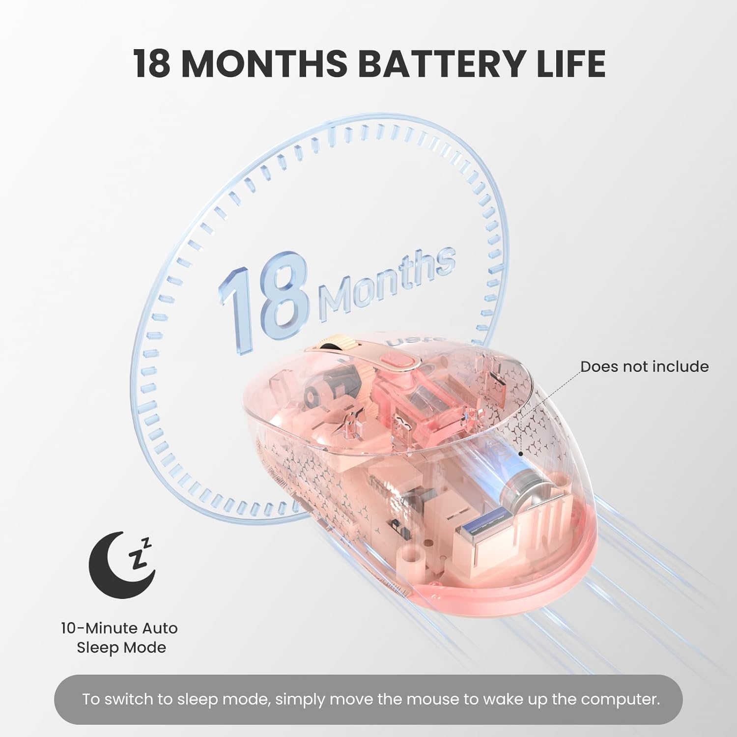 TECKNET mouse 18-month battery life and sleep mode illustration