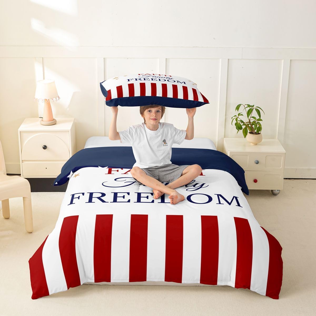 Feelyou American Flag Duvet Cover Toddler Size Stars Stripes Flags Bedding Set Breathable Soft 4th of July Comforter Cover 2Pcs Bedroom Decor