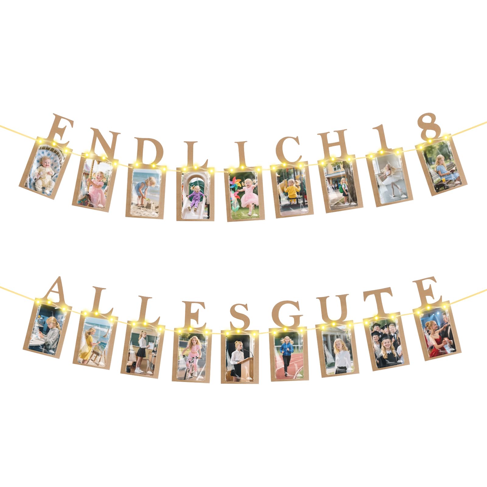 18. Geburtstag Mädchen Junge Deko, Seutgjie Fotogirlande zum 18. Geburtstag mit LED-Lichterkette OPP-Taschen und 18 Glitzerkarten für Fotos von 1 bis 18 Jahre