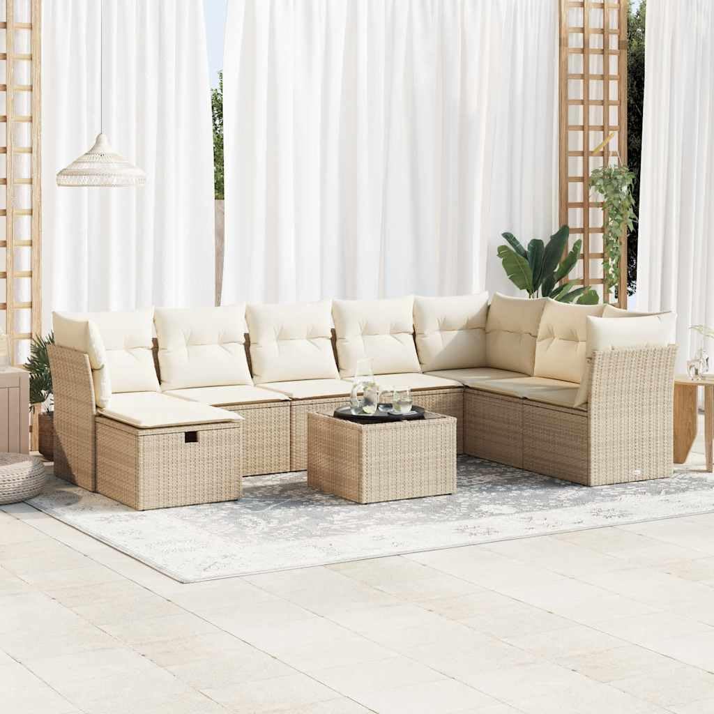 Juego de muebles de jardín de 9 piezas con cojines, color beige, ratán sintético, modular con espacio de almacenamiento impermeable y fundas lavables extraíbles, ideal para terraza y patio.