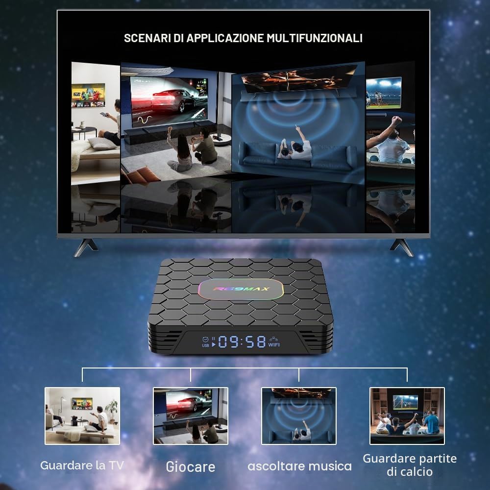 Android TV Box 2025, Android 14.0 TV Box con 4 GB RAM 32 GB ROM Quad Core ARM Cortex A53 CPU RK3528 Chip Supporto Android14.0OS 8k Decoding WiFi6 HDR10 3D 2.4G/5G Dual-Band WiFi BT5.0 USB3.0 Smart TV