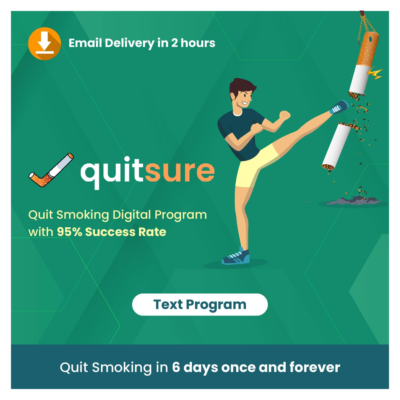QuitSure Text Program- Quit Smoking in 6 Days I 95% Success Rate I 24/7 Coach Support I No Cravings I No Withdrawal Symptoms I Email Delivery of Online Program- No CD I Android/iOS