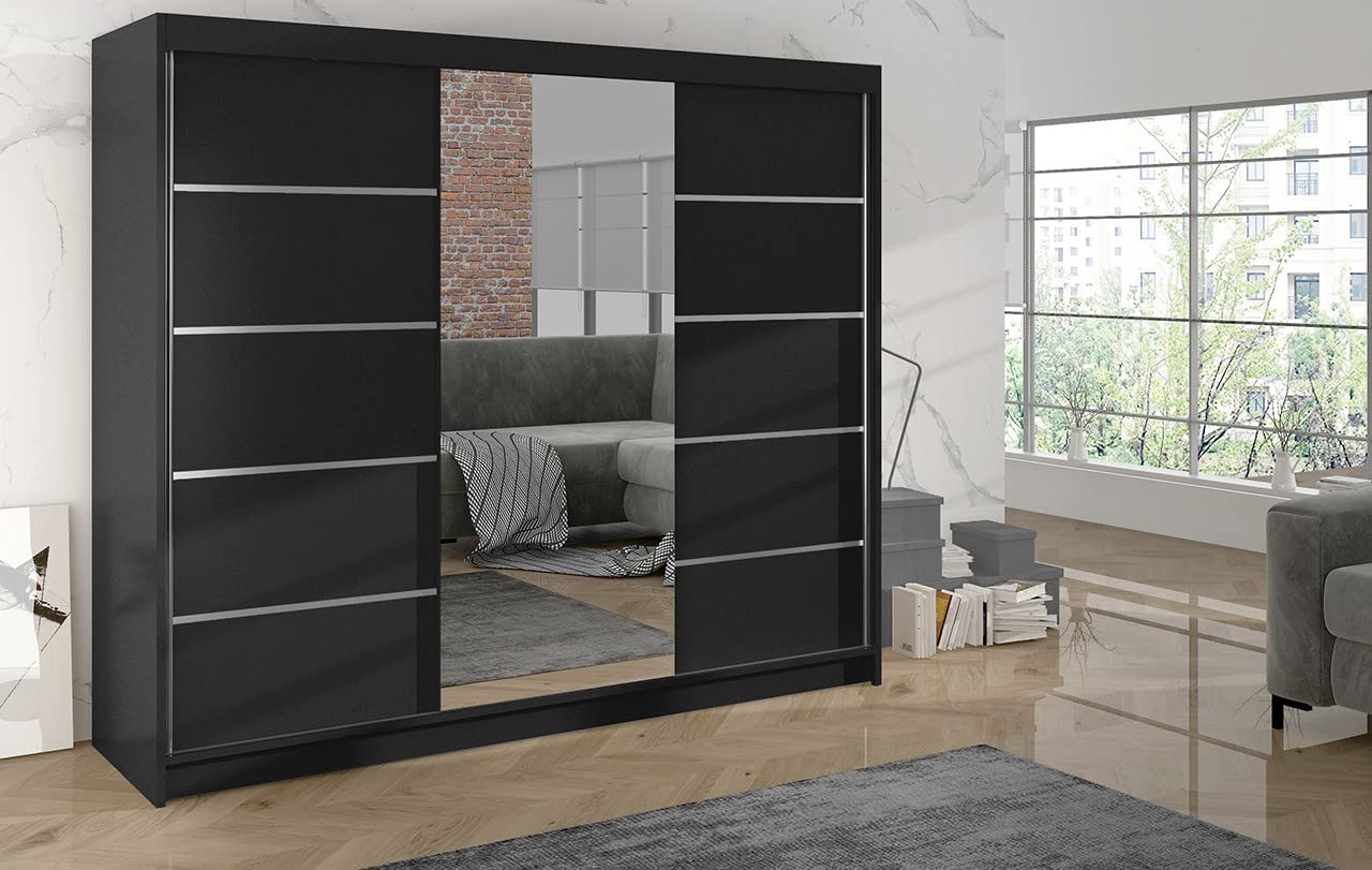 ML Furniture Astra Szafa z drzwiami przesuwnymi, czarno-biała, 200 cm, lustrzana, szafa do sypialni, z drążkiem na ubrania, zestaw mebli do sypialni, 200 x 215 x 58 cm