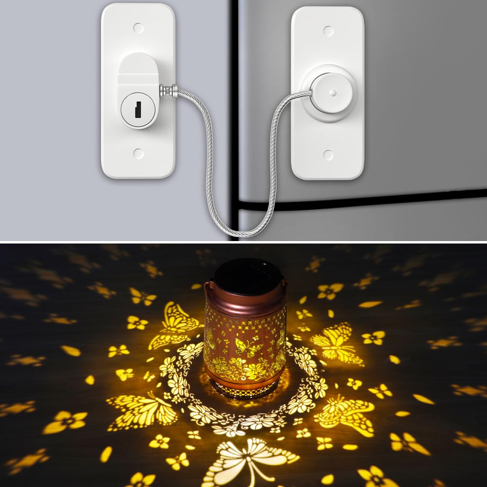 Butterfly Solar Lights Outdoor Waterproof Metal Lantern + Mini Fridge Locks for Kids No Drill Cabinet Lock