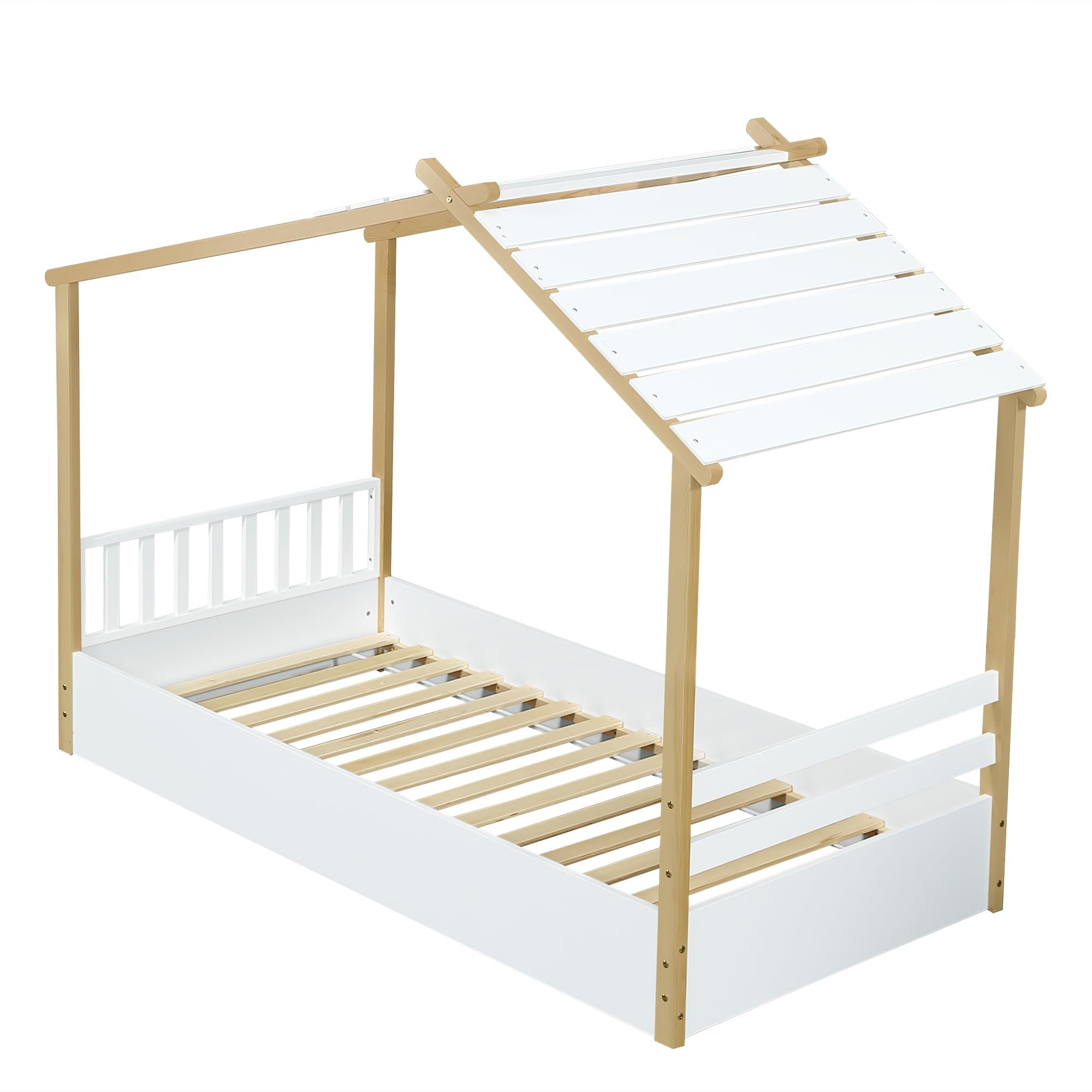 LAKFEW Cama Infantil Cama Montessori 90x190 cm con Diseño del Cabaña de Madera, Cama Bebe para Niño y Niña, Camas Infantiles Camas Montessori Infantil, Blanco+Natural, Sin Colchón