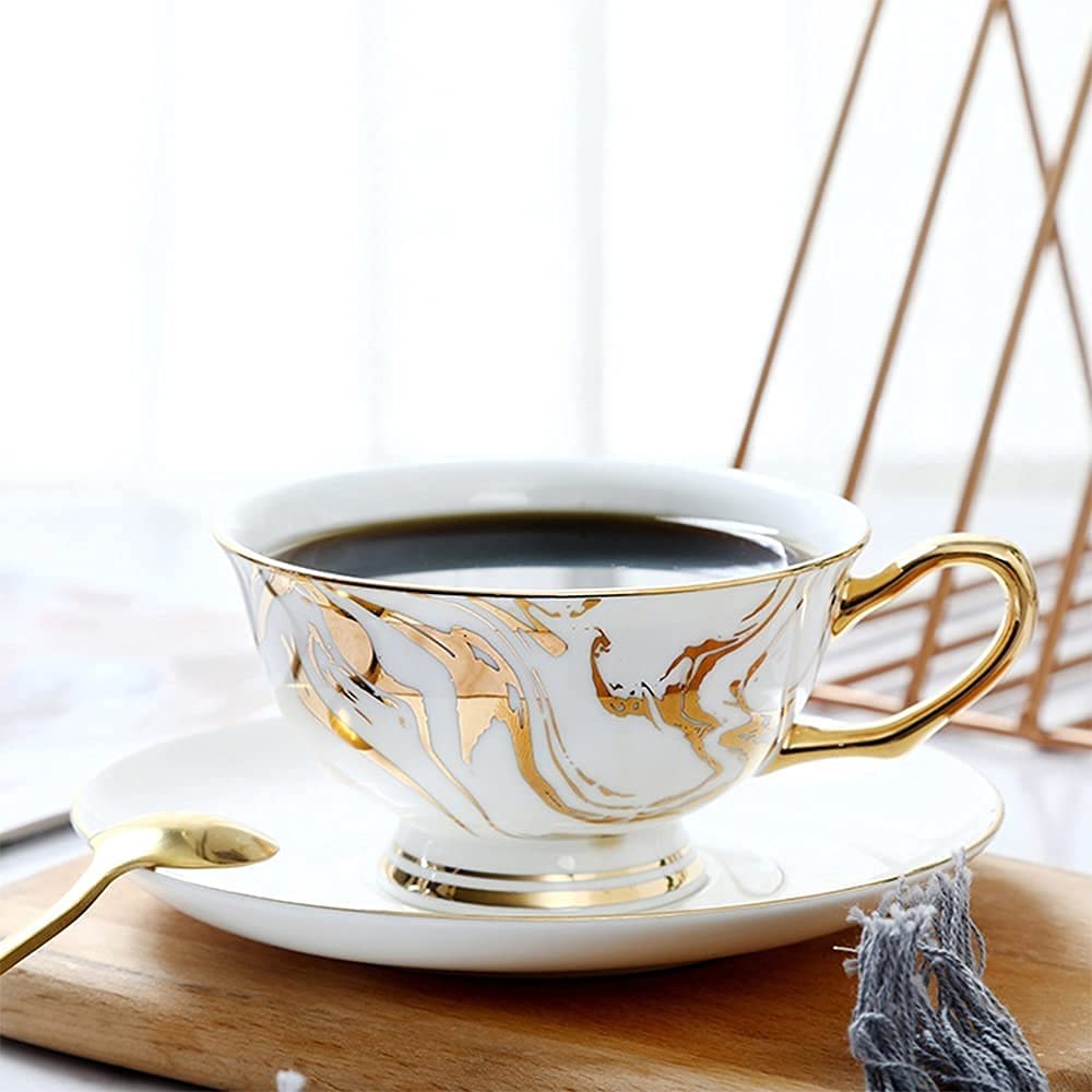 Taza de té de cerámica Vintage, Taza de café Elegante con Adornos de Oro, Tazas de té de Hueso Real con Juego de platillos