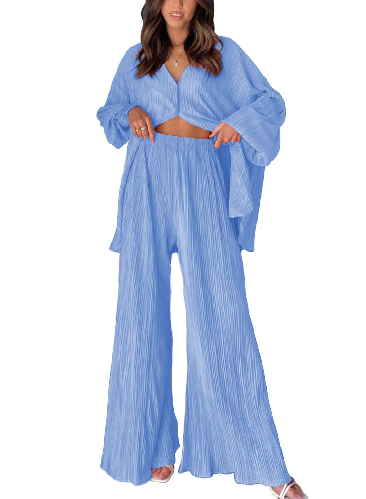 Conjunto de ropa de descanso para mujer, 2 piezas, casual, plisado, manga larga, con botones, camisa y pantalones Palazzo