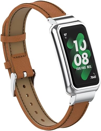 Miniatura 3 de Pulsera compatible con Huawei Band 8, correa de repuesto de cuero con marco de metal para Huawei Band 789