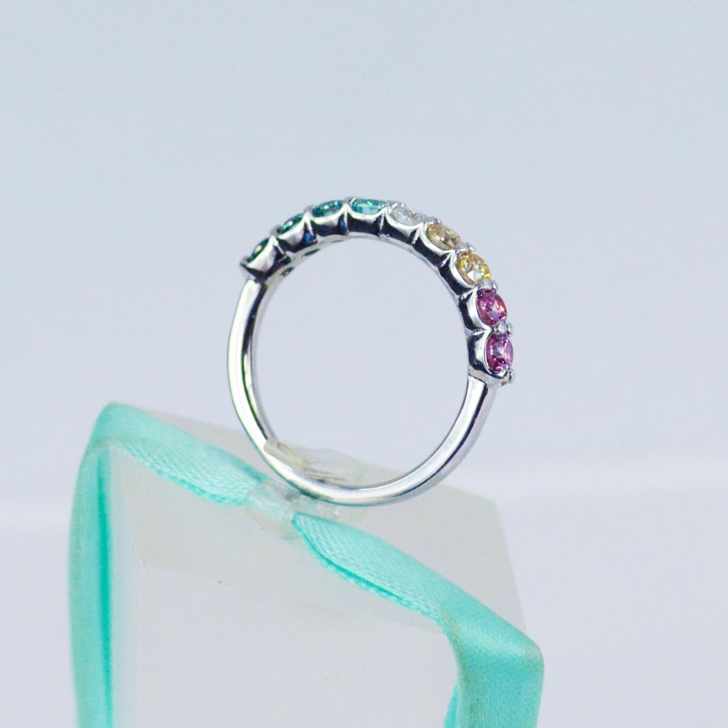 Rainbow Genuine Moissanite Band, 925 Sterling Silver, Platinum Plated, Pink, Yellow, White, Blue, Greenish Blue