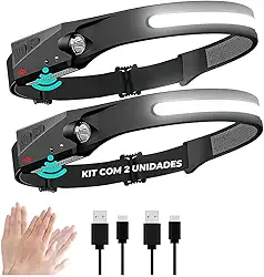Kit 2 Lanternas de Cabeça Recarregavel LED 350 Lúmens, Para Bike, Camping, Mecanico, Sensor de Movimento.
