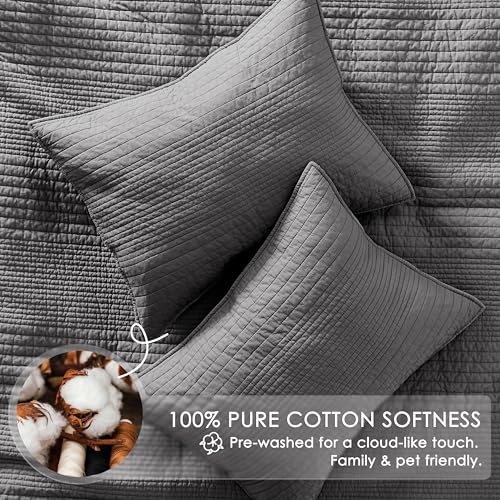 Image of PALASSIO Striped Dark Grey 100% Cotton Quilt California Cal King Size Bedding Sets, Oversized Lightweight Channel Pick Stitch Textured Bedspread Soft Farmhouse Country Coverlet for All Season, 2 Shams