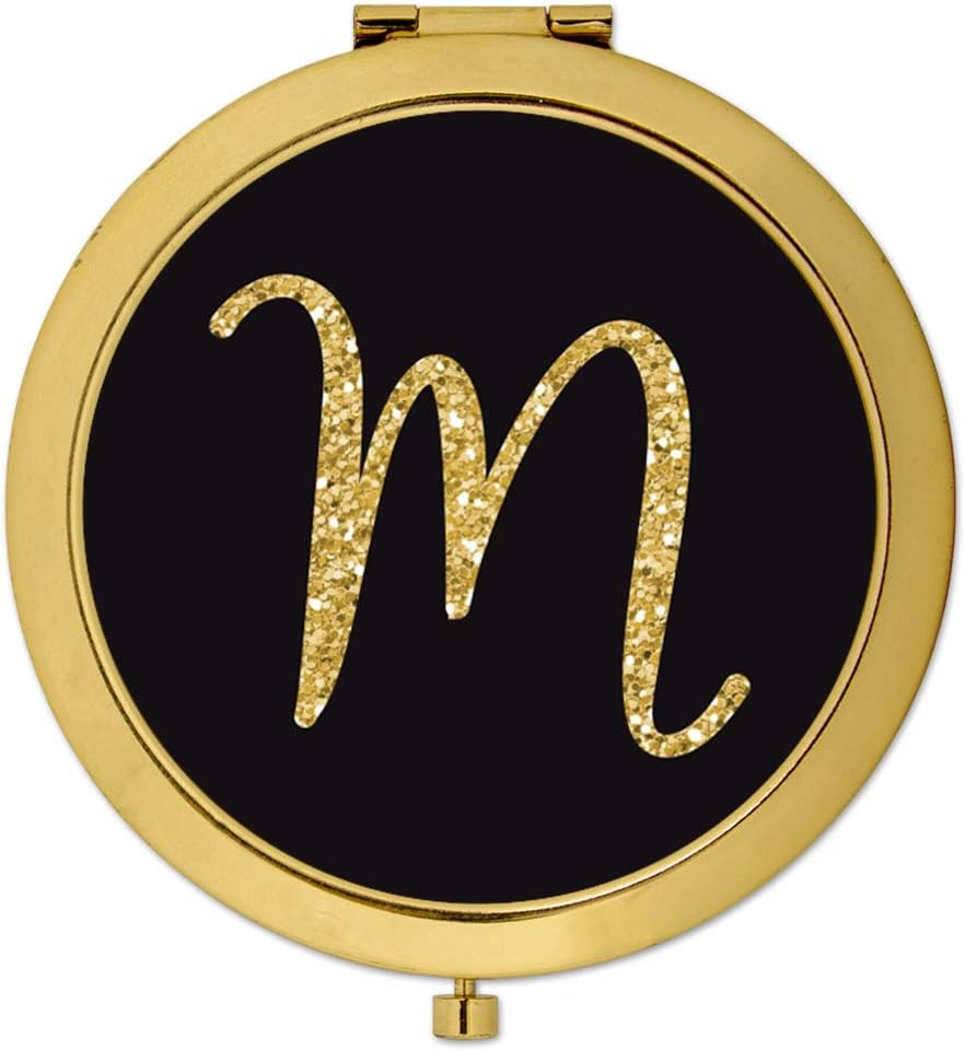 Andaz Press Gold Compact Mirror Bridesmaid's Wedding Gift, Black with Faux Gold Glitter, Monogram Letter M, 1-Pack, Bachelorette Bridal Shower Wedding Party Gifts