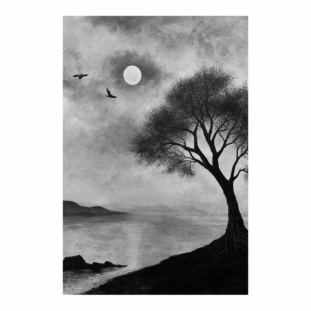 XENIOU Black And White Pictures Moon Lake Tree Ravens Art Canvas Wall Art, artwork for Bedroom Living Room Bathroom Office Home Decoration(Multicolor)-80x120cm Unframed
