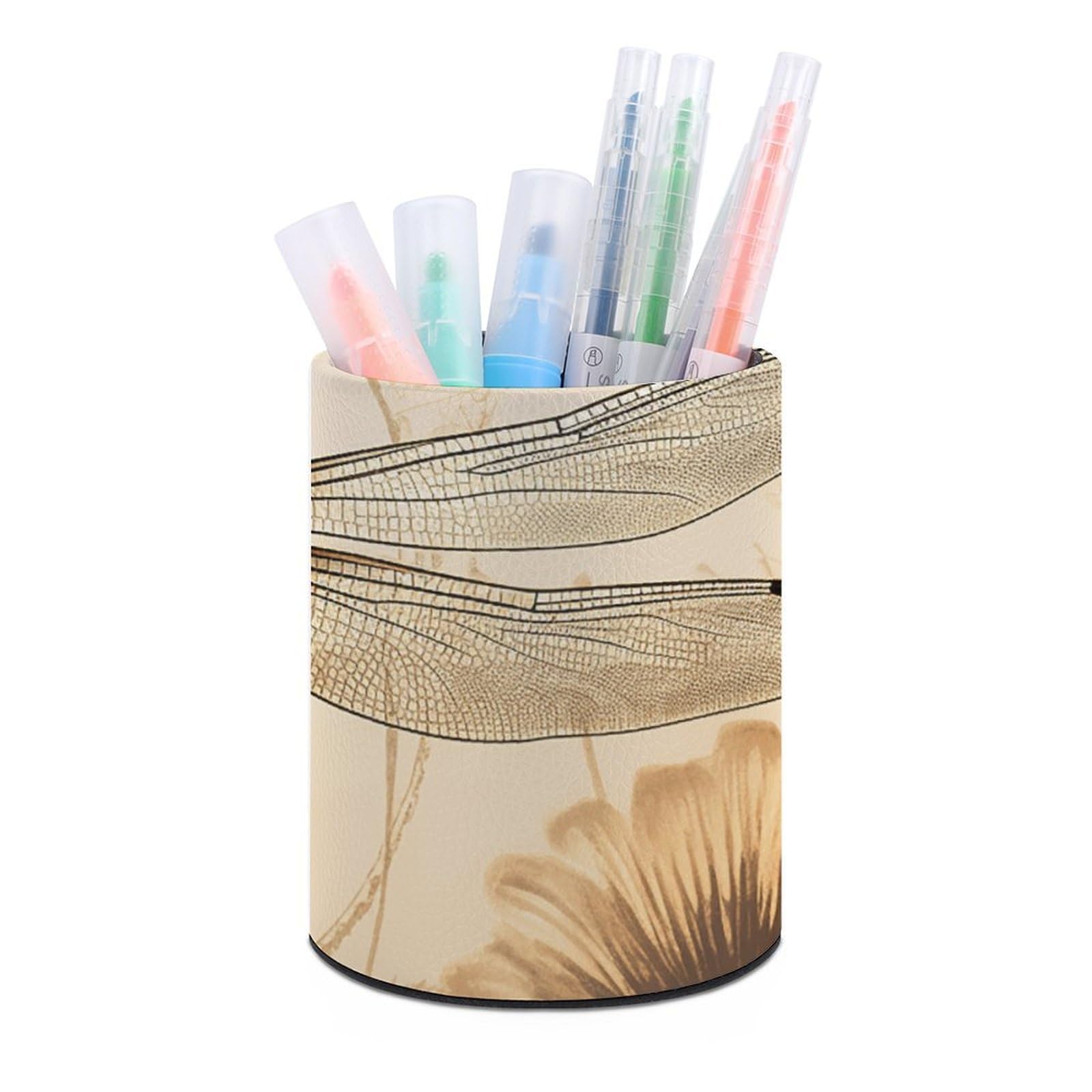FekiLoot PU Leather Round Pen Holder Dragonfly on Sunflower Pencil Holder Desk Organizer Pen Organizer Pen Cup Pencil Cup Caddy Desktop Stationery Organizers for Office Home Supplies