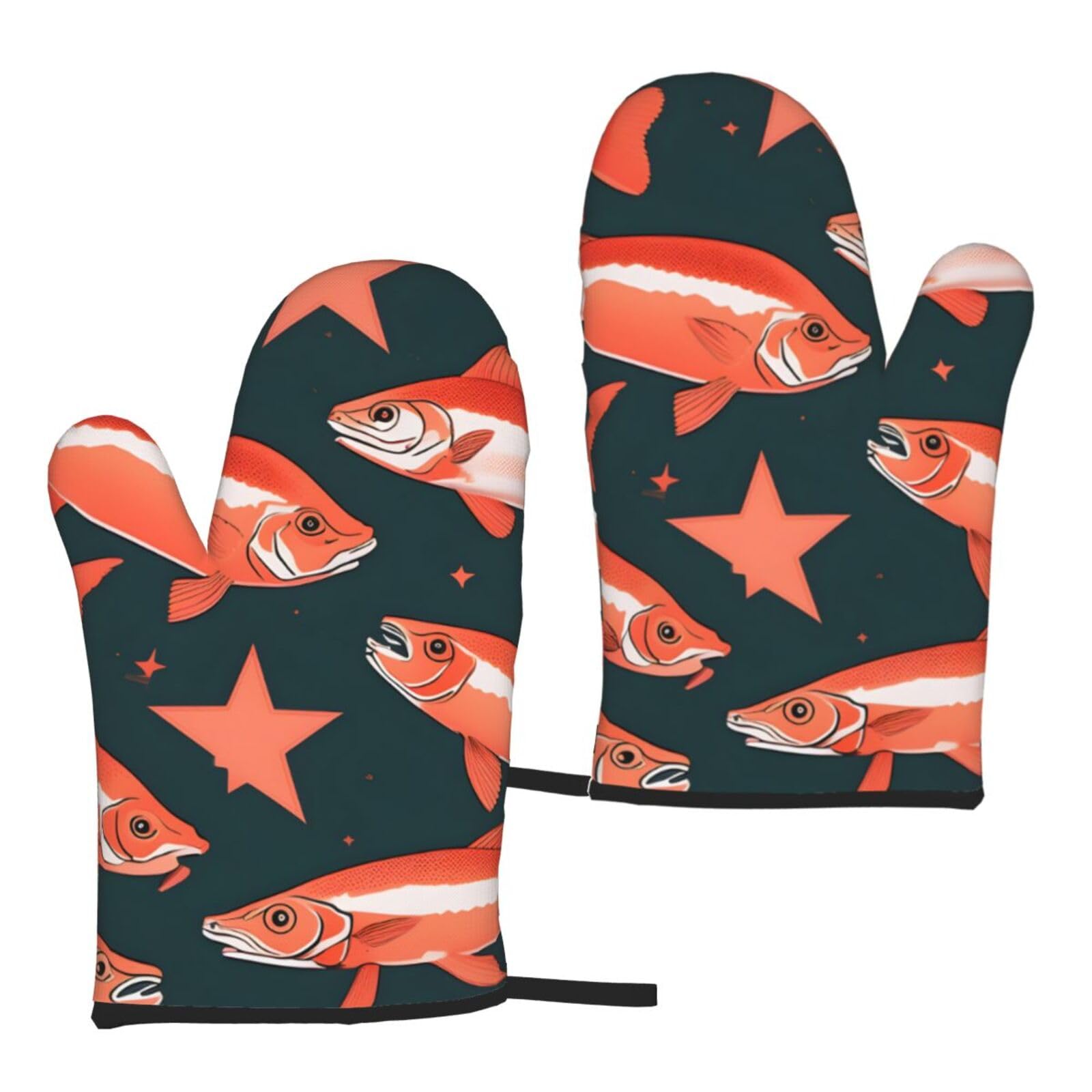 Salmon Print Heat Resistant Universal Fit Oven Microwave Gloves Home Cooking Baking Grilling