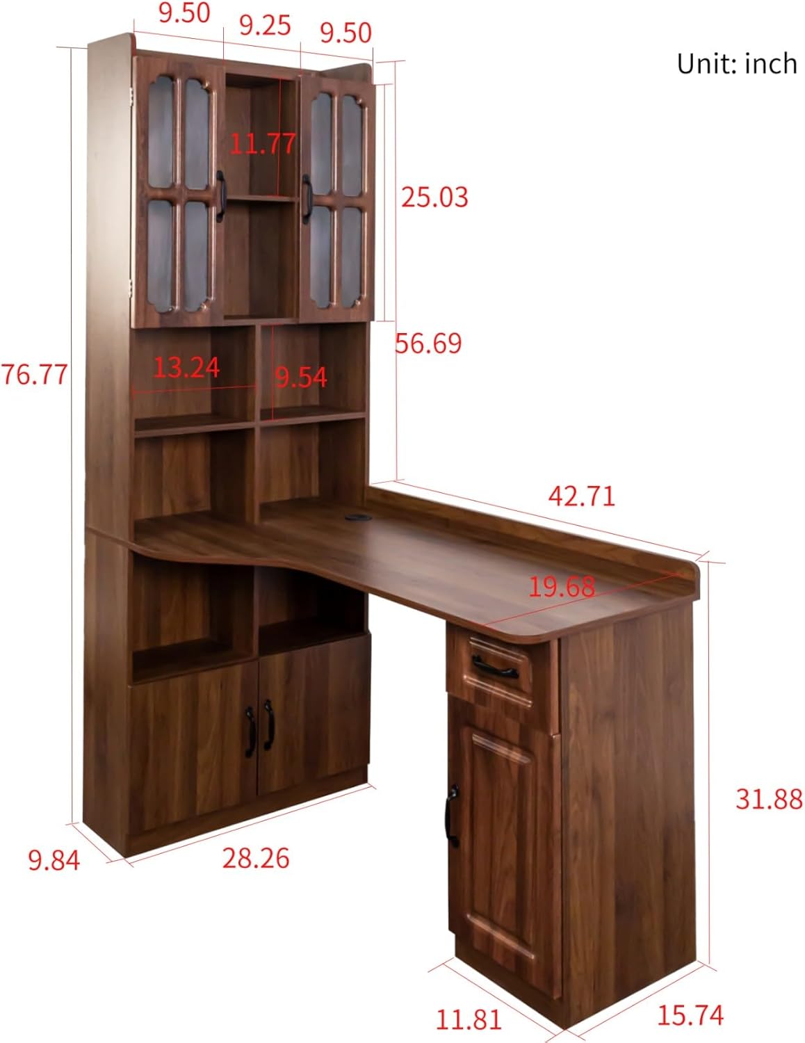 KEIKI Home Office Desks with Hutch, Drawers, Bookshelf, Storage Cabinet & Glass Doors, Modern Wooden Computer Corner Table for Work, Study, Writing Walnut