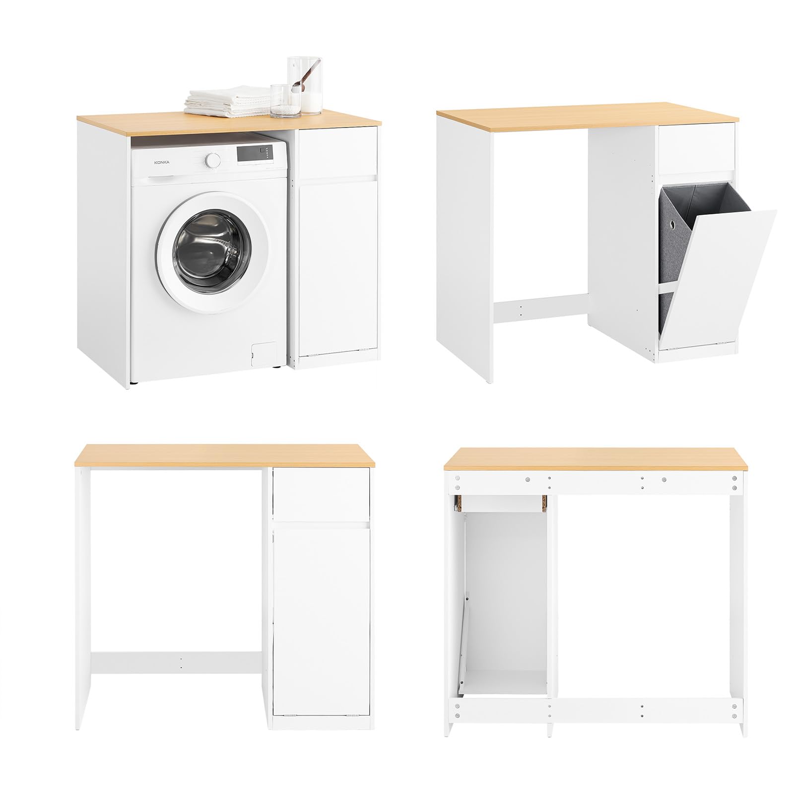 SoBuy Waschmaschinenschrank mit Wäschekorb & Schublade 100x60x90 cm | Schrank für Waschmaschine & Trockner, platzsparender Badezimmerschrank in Weiß Holzoptik, Skandinavisches Design, BZR217-WN