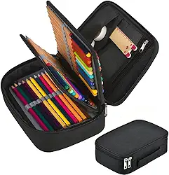 Estojo Escolar Box Jumbo Grande Capacidade Organizador Divisórias Impermeável Com Alça E Elastico Para 72 Canetas Lápis Nylon Feminino Masculino Zíper Adulto Infantil Juvenil Reforçado (Preto)