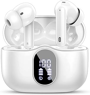 Wireless Bluetooth 5.3 Headphones In Ear with 4 ENC Noise Cancelling Mic, 2023 Earphones Mini HI-FI Stereo Sound, LED Display Headphones 36H Playtime IP7 Waterproof White