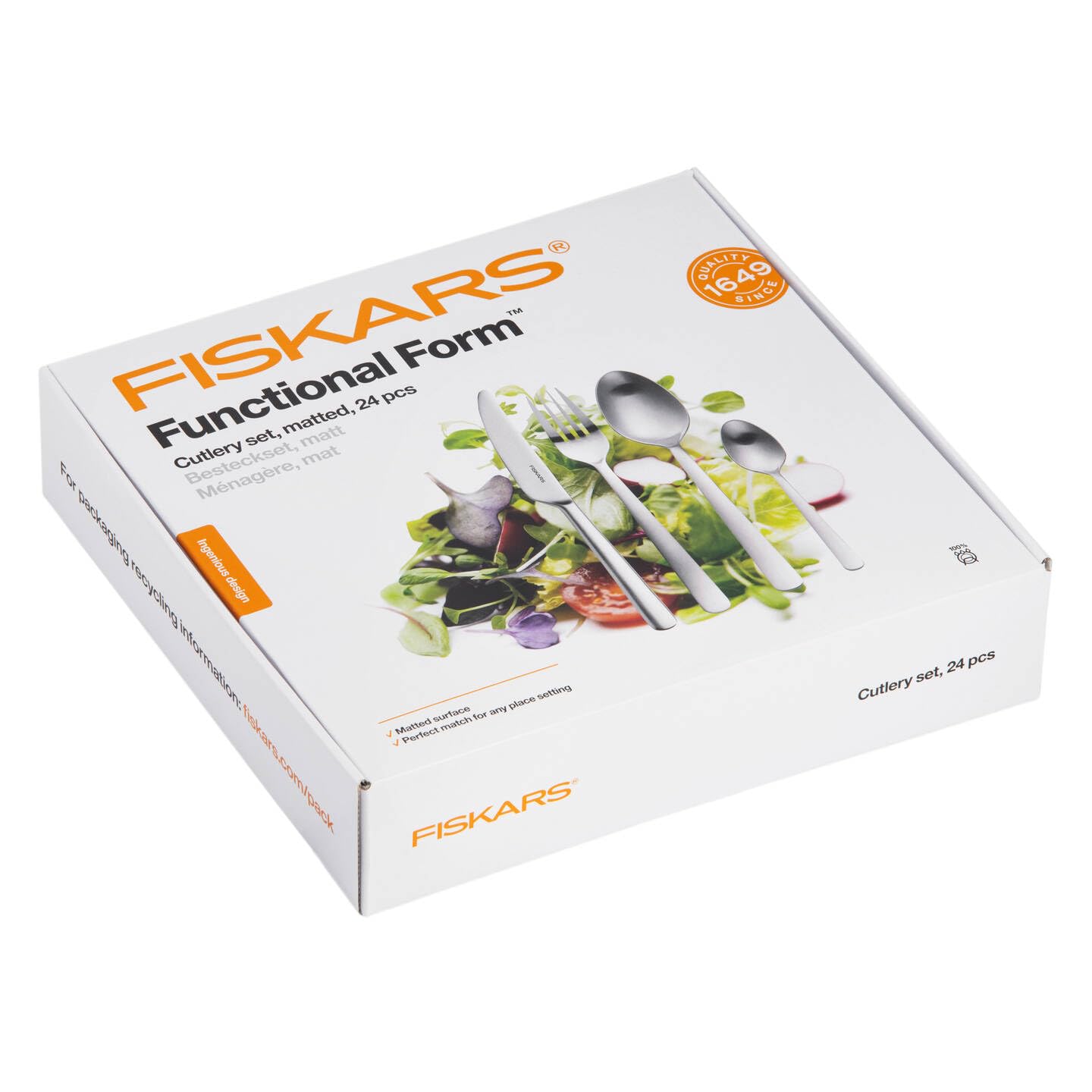 Fiskars Besteck-Set, 24-teilig, Functional Form, 6 Messer, 6 Gabeln | 6 Löffel und 6 Teelöffel, Edelstahl 18/10, Silber/Matt, Geschenkbox, 1071624