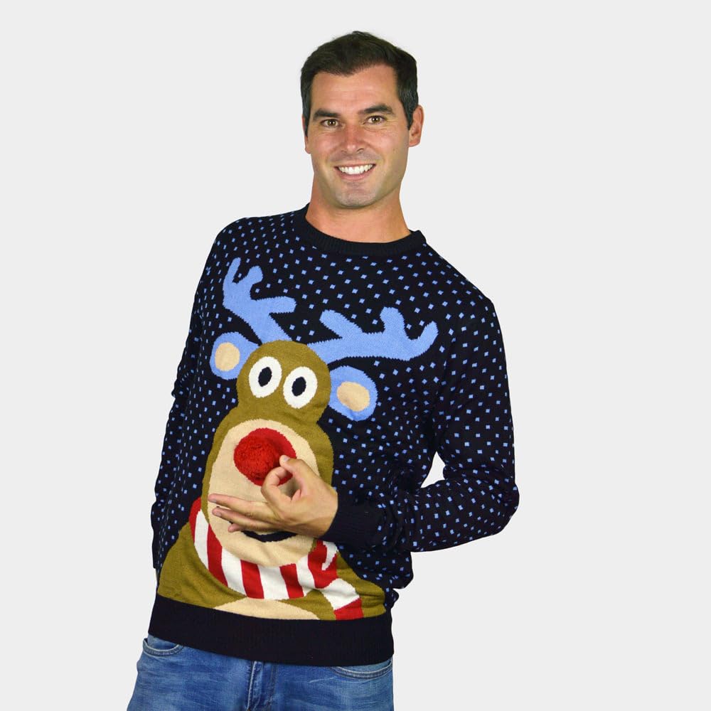 Jersey Navideño para Mujer, Hombre y Niños Reno Rodolfo con Nariz Roja en 3D