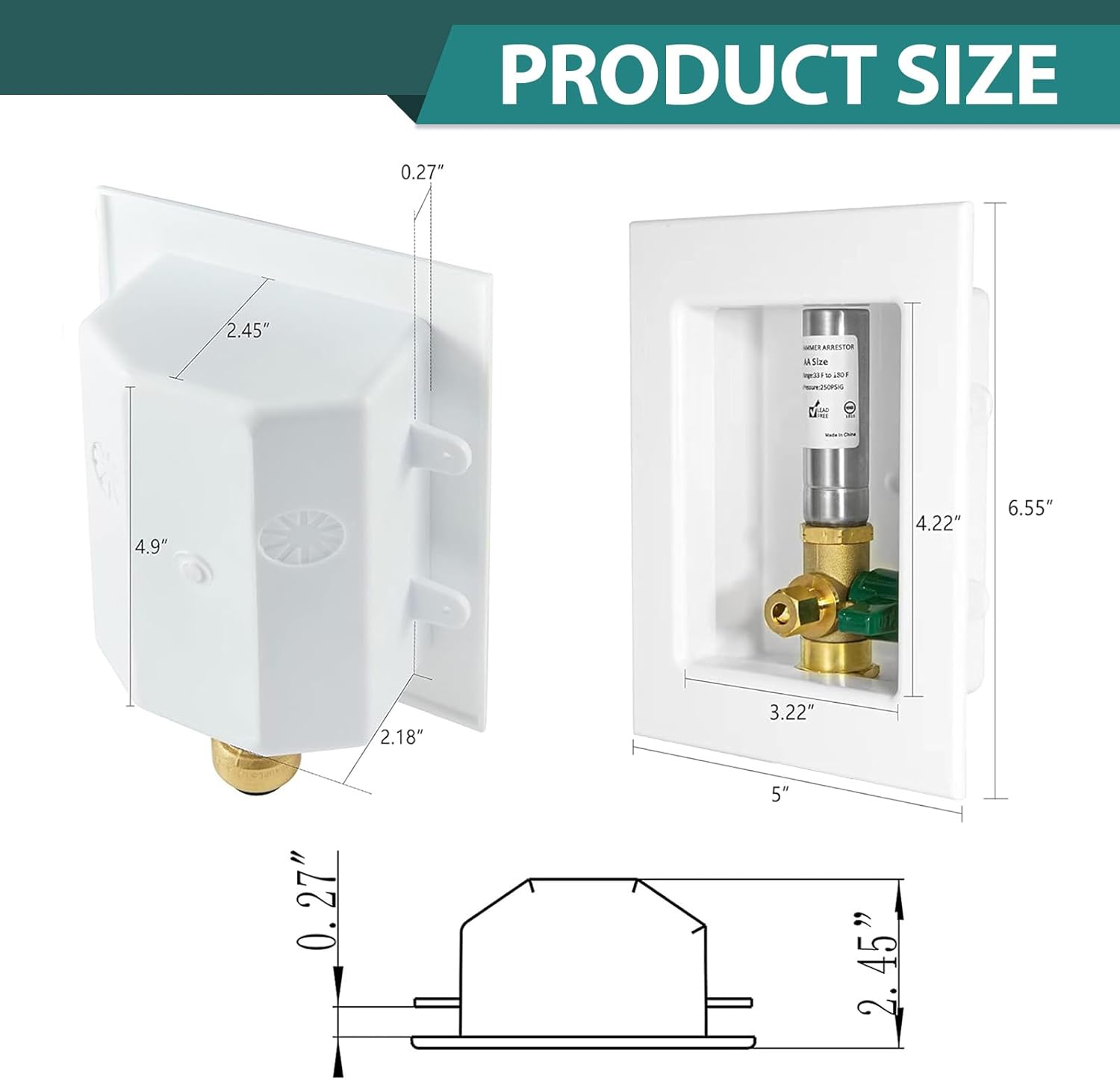 5-Pack Niikappu Ice Maker Outlet Box, 1/2 Inch Push-Fit Connection, Ice Maker Box with Installed 1/4-Turn Ball Valve, with Stainless Steel Hammer Arrestor(IM015-5Pack)
