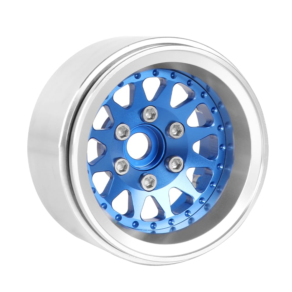 KINGCOO Beadlock Lot de 4 roues de 1,9" - 10 mm - En aluminium et métal - Pour voiture 1/10 RC Rock Crawler - Pour Axial 90046 SCX10 TRX4 Gen8 TRX6 D90 - Pièces de rechange (12 rayons, bleu)