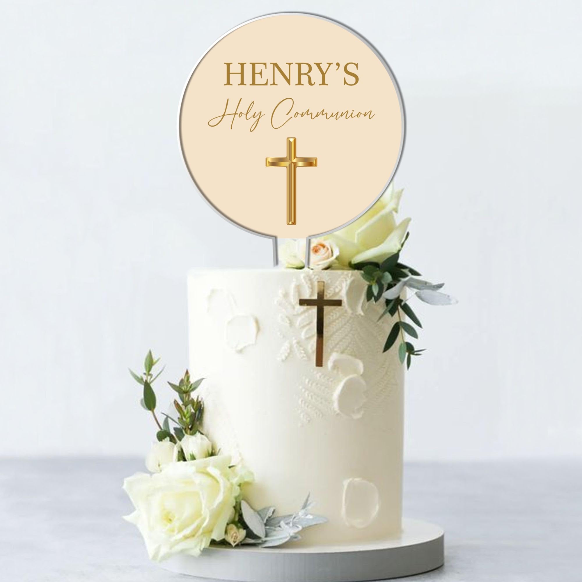 Personalised Acrylic Cake Topper for Christenings Confirmations Holy Communions – Custom Child’s Name in 7 Colours with Gold Cross Design (Holy Communion, Beige)