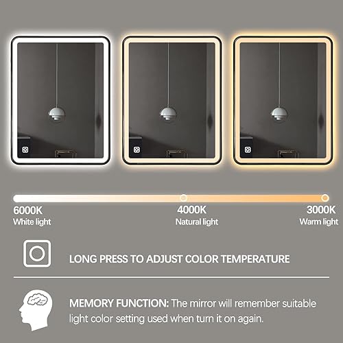Miniatura 7 de TheiaMo Espejo de baño LED, espejo rectangular de 32 x 24 pulgadas, espejo de pared antivaho con luz cálida  natural  blanca ajustable de 3 colores,