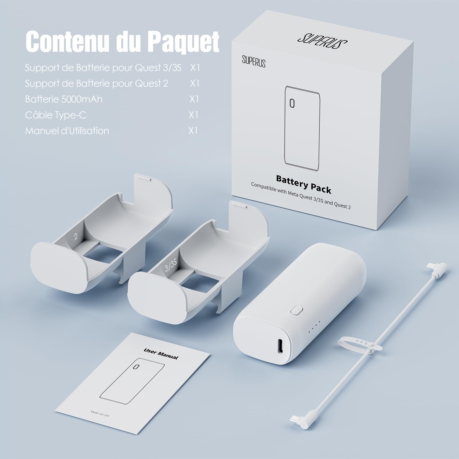 SUPERUS Batterie pour Meta Quest 3S/3/2, 5000mAh, Chargement Rapide PD 20W, Autonomie Supplémentaire de 2-3H, Compatible avec Sangle Originaux et Elite, Batterie Portable et Rechargeable