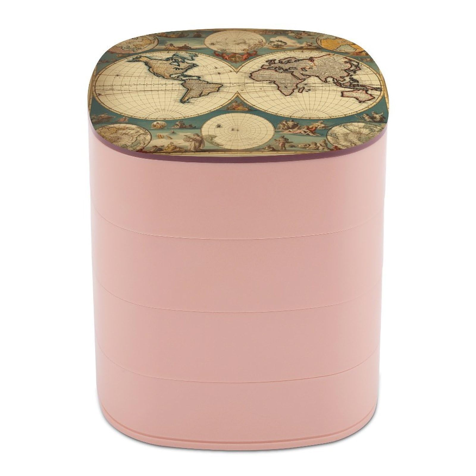 VstaDank World Map Retro Jewelry Box with Mirror Travel Small Jewelry Case for Women 4-Layer Rotatable Jewelry Organizer Storage Box Portable Jewelry Storage Case for Rings Earrings