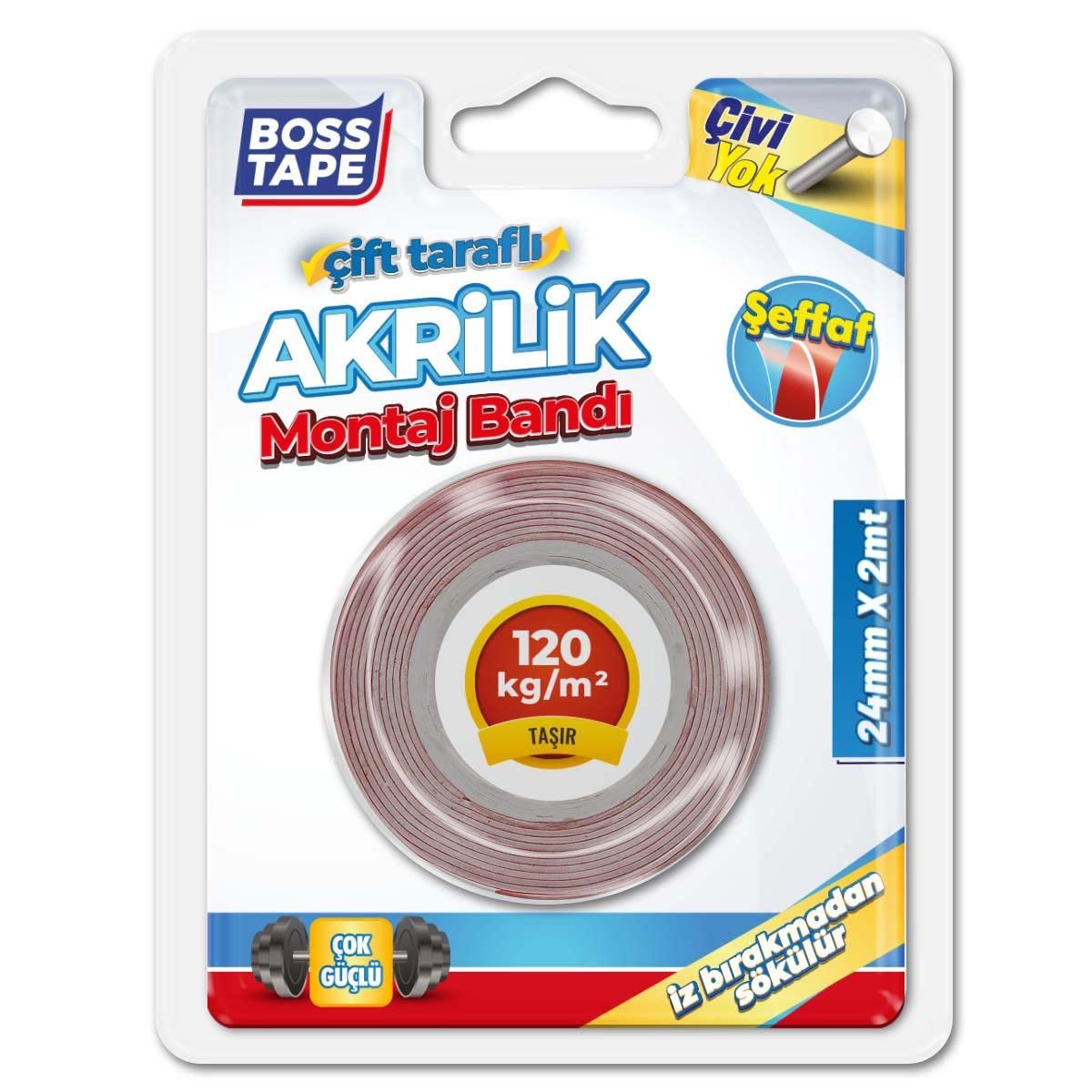 Boss Tape Seffaf Çift Tarafli Akrilik Montaj Bandi, 24 mm x 2 m, Kirmizi