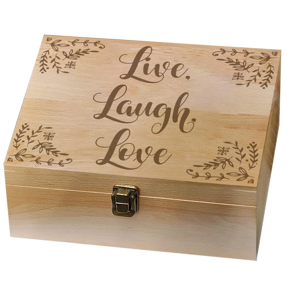 arricraft 1 Pcs Wooden Memory Keepsake Box, Live Laugh Love Pattern Decorative Wooden Memory Box with Hinge Lids for Anniversary Photos DVDs Letters Jewelry 24.5x19.5x10.3cm