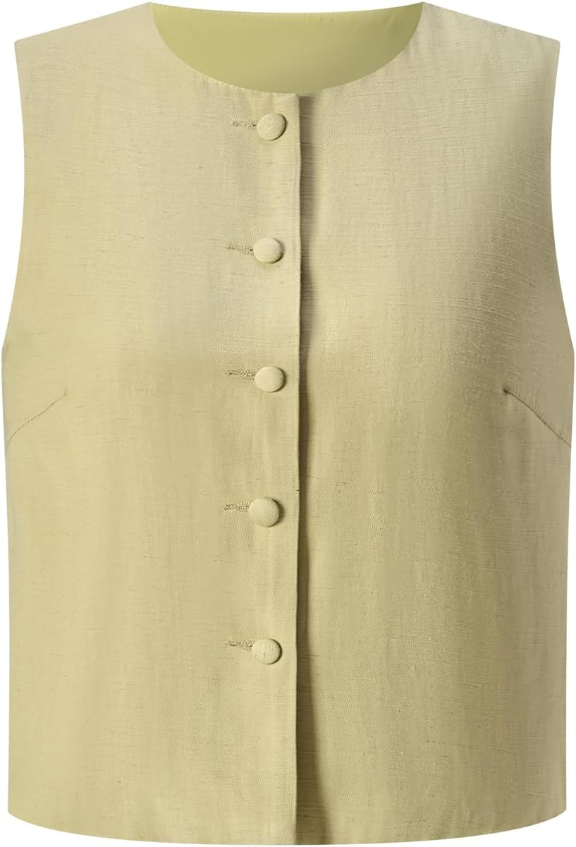 Women's Summer Button Down Sleeveless Blouses Dressy Casual Crew Neck Work Tops