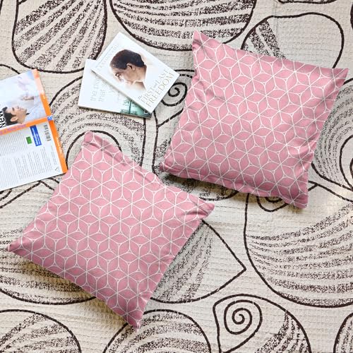 Image of Divine Casa Pluto Cushion Covers Set of 5 Pink | 16x16 Inch Jacquard Patchwork Design Kids Room Sofa Cushion Covers | Decorative Throw Pillow Covers